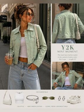 Mint Green Leather Moto Jacket - Women's Cropped Pearl Buttons.